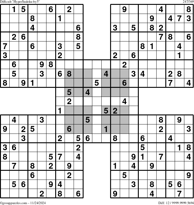 The grouppuzzles.com Difficult HyperSudoku-by5 puzzle for Sunday November 24, 2024