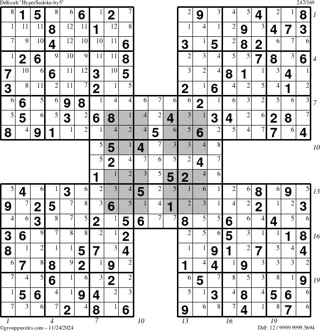 The grouppuzzles.com Difficult HyperSudoku-by5 puzzle for Sunday November 24, 2024 with all 12 steps marked