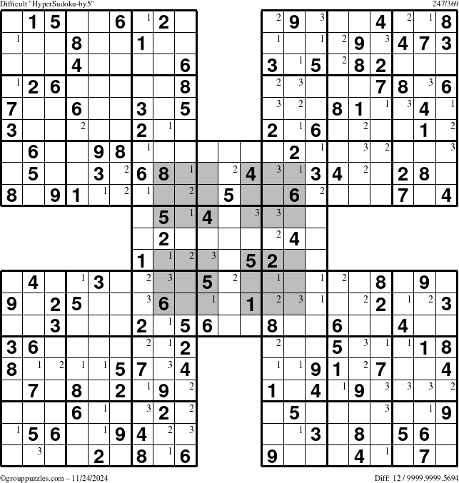 The grouppuzzles.com Difficult HyperSudoku-by5 puzzle for Sunday November 24, 2024 with the first 3 steps marked