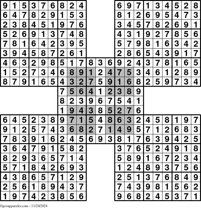 The grouppuzzles.com Answer grid for the HyperSudoku-by5 puzzle for Sunday November 24, 2024