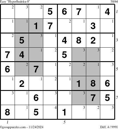 The grouppuzzles.com Easy HyperSudoku-8 puzzle for Sunday November 24, 2024, suitable for printing, with all 4 steps marked