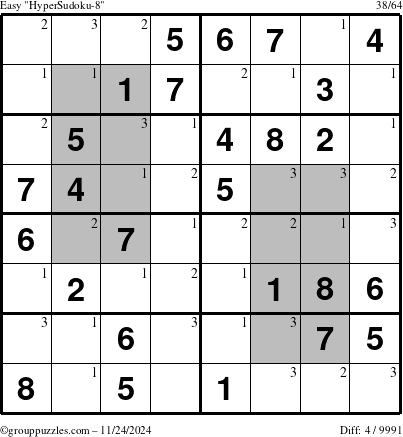 The grouppuzzles.com Easy HyperSudoku-8 puzzle for Sunday November 24, 2024 with the first 3 steps marked