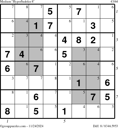 The grouppuzzles.com Medium HyperSudoku-8 puzzle for Sunday November 24, 2024 with all 8 steps marked