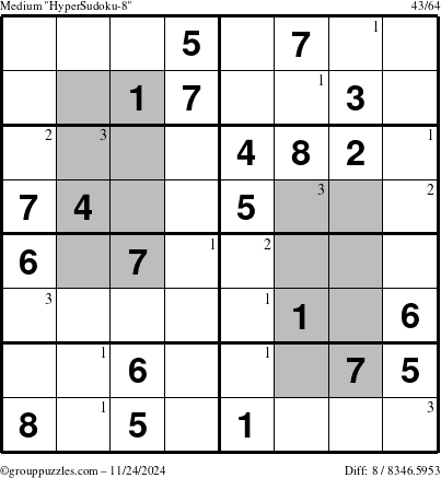 The grouppuzzles.com Medium HyperSudoku-8 puzzle for Sunday November 24, 2024 with the first 3 steps marked