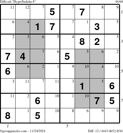 The grouppuzzles.com Difficult HyperSudoku-8 puzzle for Sunday November 24, 2024, suitable for printing, with all 12 steps marked