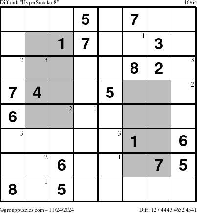 The grouppuzzles.com Difficult HyperSudoku-8 puzzle for Sunday November 24, 2024 with the first 3 steps marked