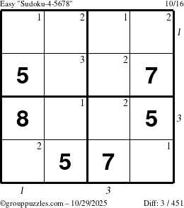 The grouppuzzles.com Easy Sudoku-4-5678 puzzle for Wednesday October 29, 2025 with all 3 steps marked