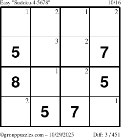 The grouppuzzles.com Easy Sudoku-4-5678 puzzle for Wednesday October 29, 2025 with the first 3 steps marked