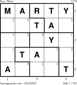 The grouppuzzles.com Easy Marty puzzle for Wednesday October 29, 2025, suitable for printing, with all 3 steps marked