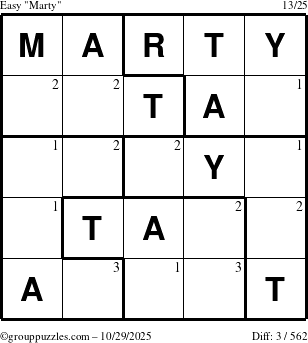 The grouppuzzles.com Easy Marty puzzle for Wednesday October 29, 2025 with the first 3 steps marked