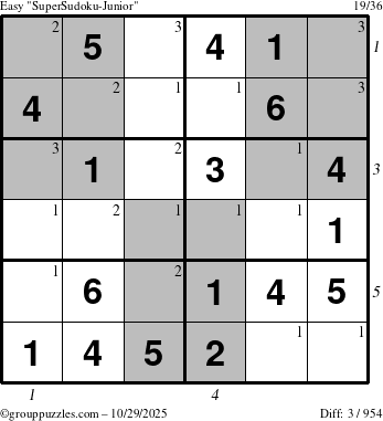 The grouppuzzles.com Easy SuperSudoku-Junior puzzle for Wednesday October 29, 2025 with all 3 steps marked