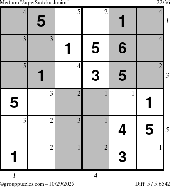 The grouppuzzles.com Medium SuperSudoku-Junior puzzle for Wednesday October 29, 2025, suitable for printing, with all 5 steps marked