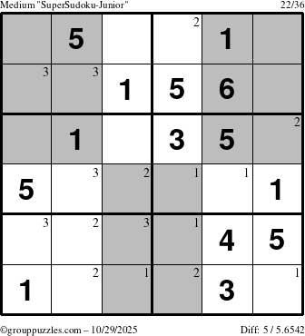 The grouppuzzles.com Medium SuperSudoku-Junior puzzle for Wednesday October 29, 2025 with the first 3 steps marked