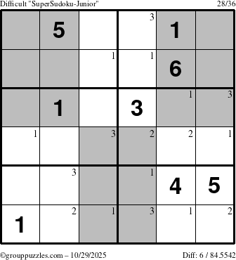 The grouppuzzles.com Difficult SuperSudoku-Junior puzzle for Wednesday October 29, 2025 with the first 3 steps marked