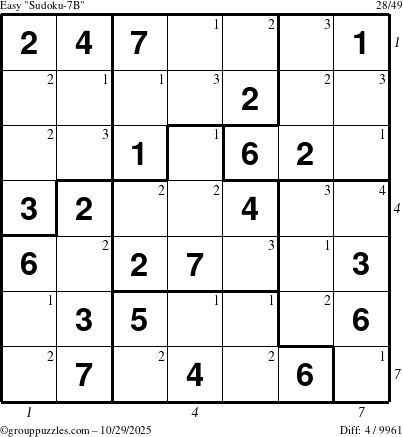 The grouppuzzles.com Easy Sudoku-7B puzzle for Wednesday October 29, 2025, suitable for printing, with all 4 steps marked