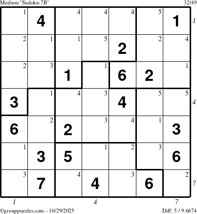 The grouppuzzles.com Medium Sudoku-7B puzzle for Wednesday October 29, 2025, suitable for printing, with all 5 steps marked