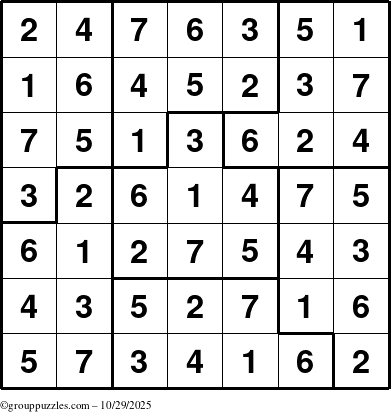 The grouppuzzles.com Answer grid for the Sudoku-7B puzzle for Wednesday October 29, 2025