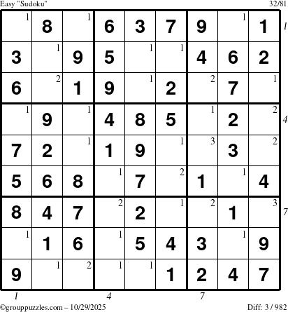 The grouppuzzles.com Easy Sudoku puzzle for Wednesday October 29, 2025 with all 3 steps marked