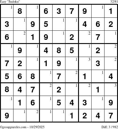 The grouppuzzles.com Easy Sudoku puzzle for Wednesday October 29, 2025 with the first 3 steps marked