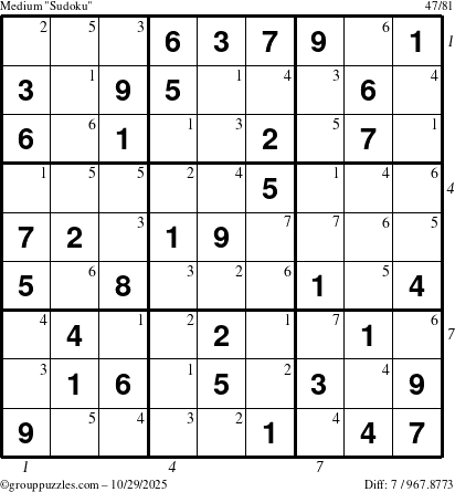 The grouppuzzles.com Medium Sudoku puzzle for Wednesday October 29, 2025 with all 7 steps marked