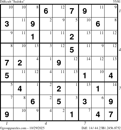 The grouppuzzles.com Difficult Sudoku puzzle for Wednesday October 29, 2025, suitable for printing, with all 14 steps marked