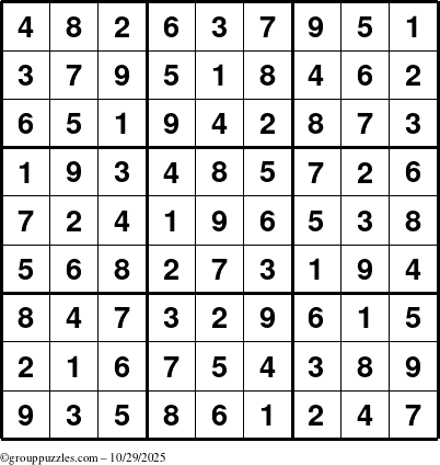 The grouppuzzles.com Answer grid for the Sudoku puzzle for Wednesday October 29, 2025