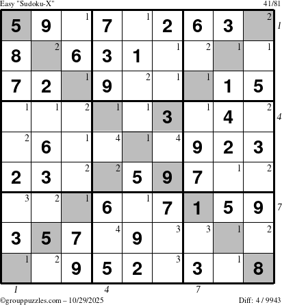 The grouppuzzles.com Easy Sudoku-X puzzle for Wednesday October 29, 2025 with all 4 steps marked