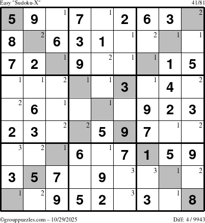 The grouppuzzles.com Easy Sudoku-X puzzle for Wednesday October 29, 2025 with the first 3 steps marked