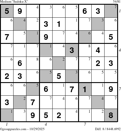 The grouppuzzles.com Medium Sudoku-X puzzle for Wednesday October 29, 2025 with all 8 steps marked