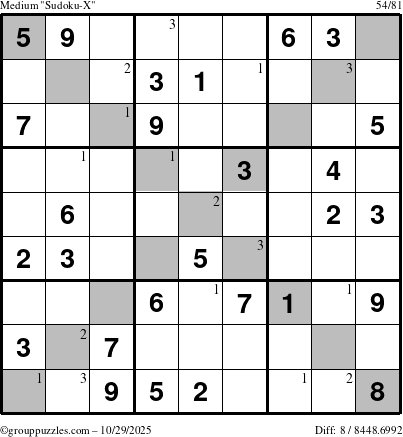 The grouppuzzles.com Medium Sudoku-X puzzle for Wednesday October 29, 2025 with the first 3 steps marked