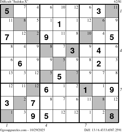 The grouppuzzles.com Difficult Sudoku-X puzzle for Wednesday October 29, 2025, suitable for printing, with all 13 steps marked