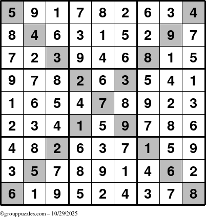 The grouppuzzles.com Answer grid for the Sudoku-X puzzle for Wednesday October 29, 2025