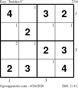 The grouppuzzles.com Easy Sudoku-4 puzzle for Sunday April 26, 2026, suitable for printing, with all 2 steps marked