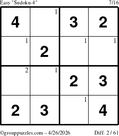 The grouppuzzles.com Easy Sudoku-4 puzzle for Sunday April 26, 2026 with the first 2 steps marked