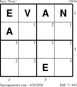 The grouppuzzles.com Easy Evan puzzle for Sunday April 26, 2026, suitable for printing, with all 3 steps marked