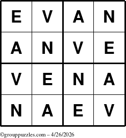 The grouppuzzles.com Answer grid for the Evan puzzle for Sunday April 26, 2026