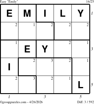 The grouppuzzles.com Easy Emily puzzle for Sunday April 26, 2026, suitable for printing, with all 3 steps marked
