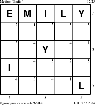 The grouppuzzles.com Medium Emily puzzle for Sunday April 26, 2026, suitable for printing, with all 5 steps marked