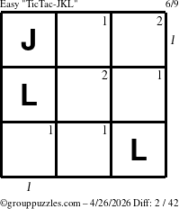 The grouppuzzles.com Easy TicTac-JKL puzzle for Sunday April 26, 2026, suitable for printing, with all 2 steps marked