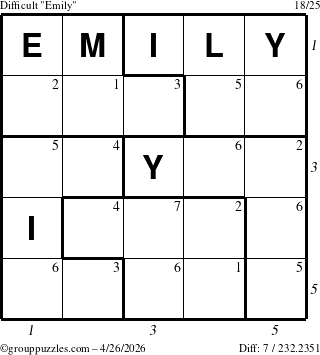 The grouppuzzles.com Difficult Emily puzzle for Sunday April 26, 2026, suitable for printing, with all 7 steps marked