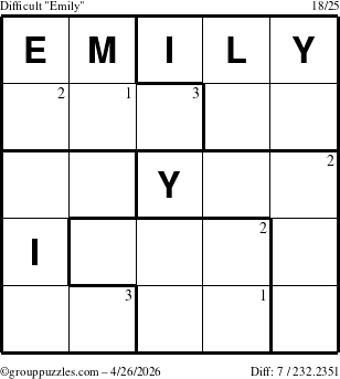 The grouppuzzles.com Difficult Emily puzzle for Sunday April 26, 2026 with the first 3 steps marked