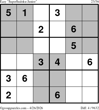 The grouppuzzles.com Easy SuperSudoku-Junior puzzle for Sunday April 26, 2026