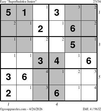 The grouppuzzles.com Easy SuperSudoku-Junior puzzle for Sunday April 26, 2026, suitable for printing, with all 4 steps marked
