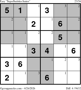 The grouppuzzles.com Easy SuperSudoku-Junior puzzle for Sunday April 26, 2026 with the first 3 steps marked