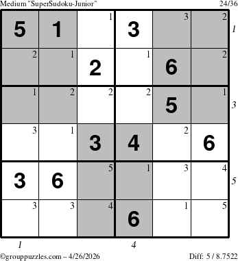The grouppuzzles.com Medium SuperSudoku-Junior puzzle for Sunday April 26, 2026 with all 5 steps marked