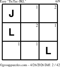 The grouppuzzles.com Easy TicTac-JKL puzzle for Sunday April 26, 2026 with the first 2 steps marked