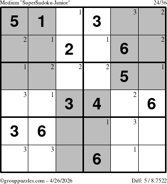 The grouppuzzles.com Medium SuperSudoku-Junior puzzle for Sunday April 26, 2026 with the first 3 steps marked