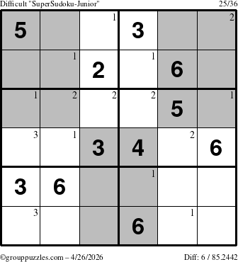 The grouppuzzles.com Difficult SuperSudoku-Junior puzzle for Sunday April 26, 2026 with the first 3 steps marked