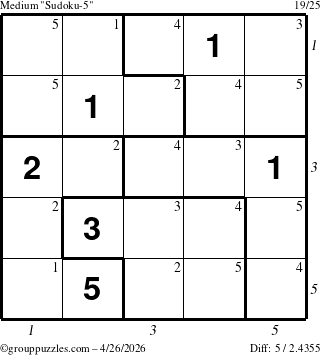 The grouppuzzles.com Medium Sudoku-5 puzzle for Sunday April 26, 2026, suitable for printing, with all 5 steps marked