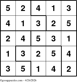 The grouppuzzles.com Answer grid for the Sudoku-5 puzzle for Sunday April 26, 2026